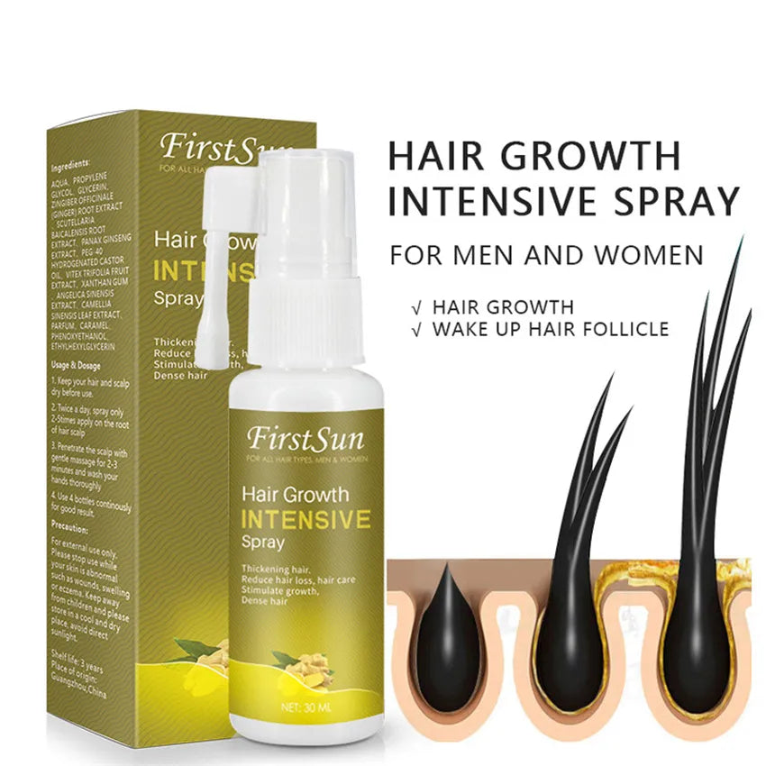 Firstsun Hair Growth Intensive Spray, Ginseng Ginger Extract Stimulate Hair Growth, Dense Thickening Hair, Anti Hair Loss Essence 30Ml First Sun