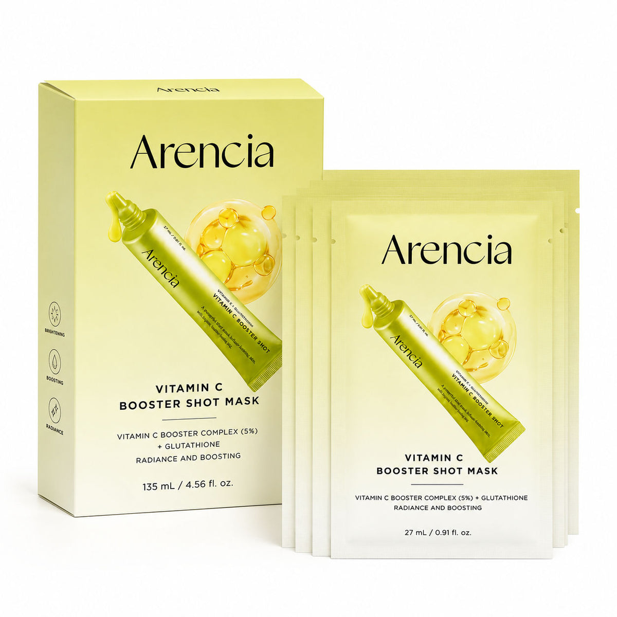 Arencia Vitamin C Booster Shot Mask Box (5x27ml) - Korean Skincare, Hydrating, Brightening, Anti-Aging, Sensitive Skin, Daily Care ARENCIA