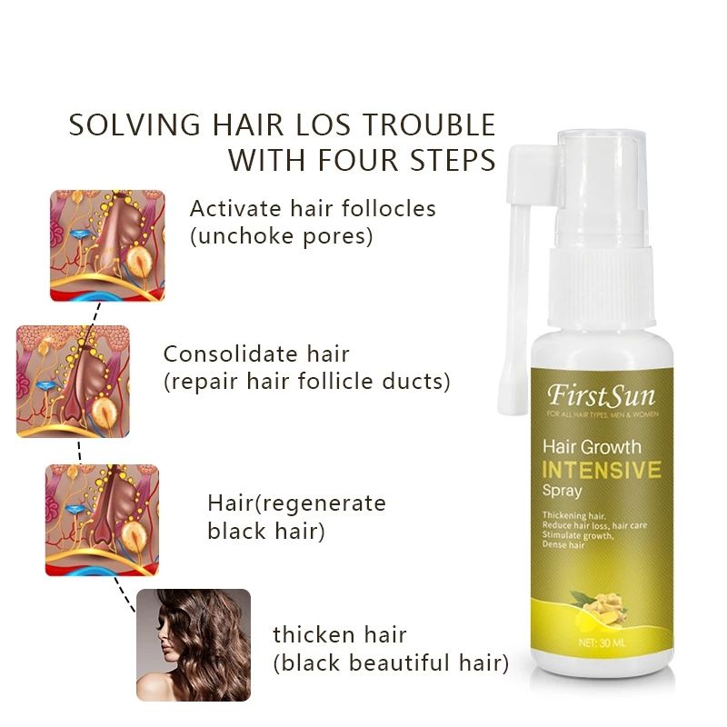 Firstsun Hair Growth Intensive Spray, Ginseng Ginger Extract Stimulate Hair Growth, Dense Thickening Hair, Anti Hair Loss Essence 30Ml First Sun