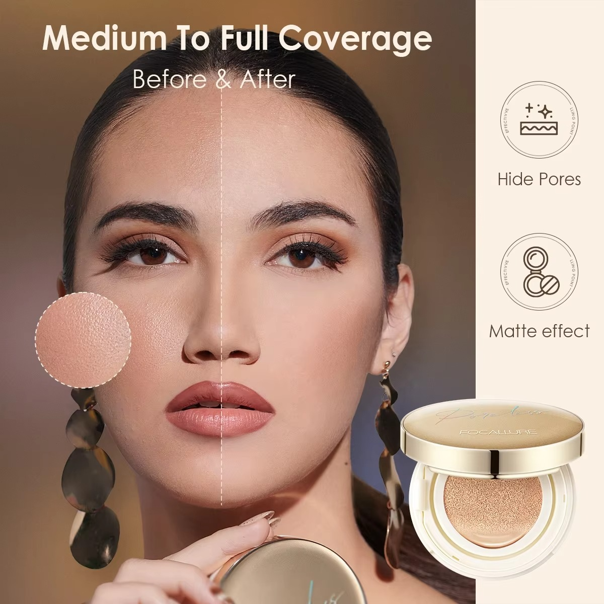 Focallure Poreless Matte Air Cushion Foundation Full Coverage Oil Control Lightweight Long Lasting Base Makeup Focallure