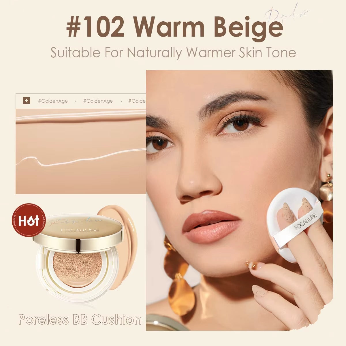 Focallure Poreless Matte Air Cushion Foundation Full Coverage Oil Control Lightweight Long Lasting Base Makeup #102 Warm Beige Focallure