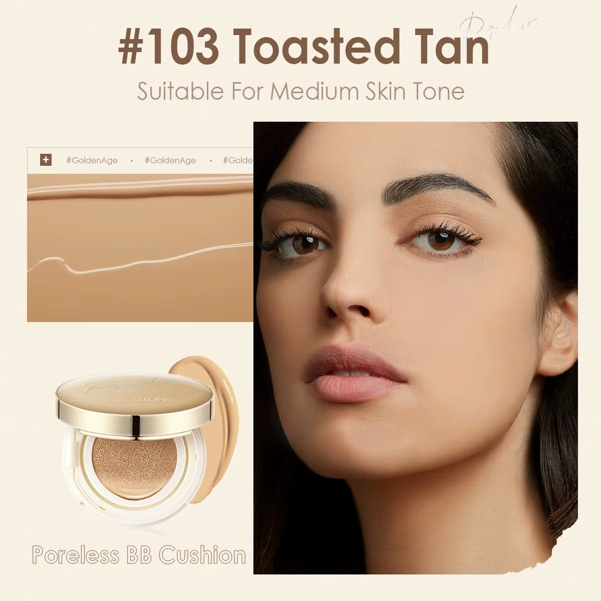 Focallure Poreless Matte Air Cushion Foundation Full Coverage Oil Control Lightweight Long Lasting Base Makeup #103 Toasted Tan Focallure