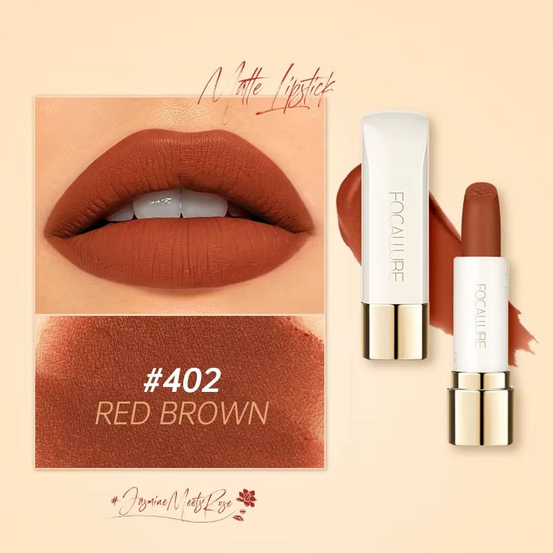 Focallure Pure Matte Lipstick Long Lasting Velvet Finish High Pigment Non Drying Comfortable Lip Color #402 Red Brown Focallure