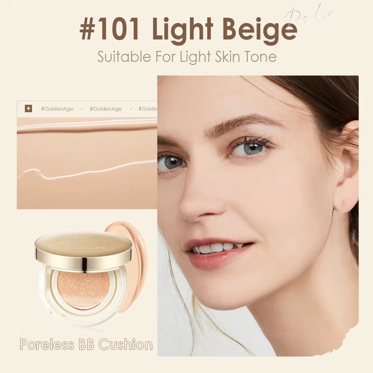 Focallure Poreless Matte Air Cushion Foundation Full Coverage Oil Control Lightweight Long Lasting Base Makeup #101 Light Beige Focallure